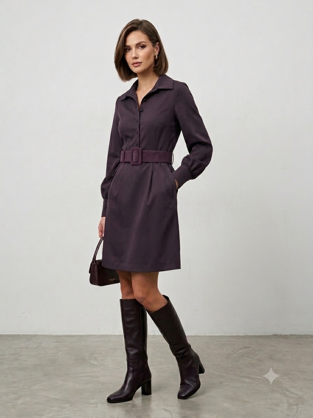 Button-Front Long Sleeve Dress in Deep Plum